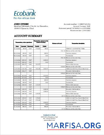 Downloadable Chad Ecobank bank statement (AutoSum) excel real example